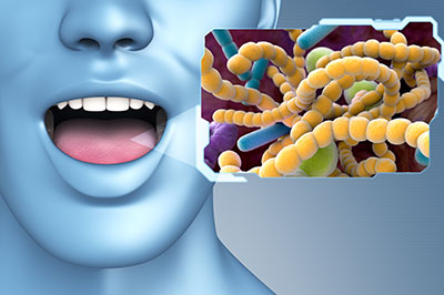 The image shows a 3D rendering of a human mouth with an open mouth, set against a background that includes a microscopic view of bacteria, which are colored yellow and green, suggesting an educational context related to oral health or germs.