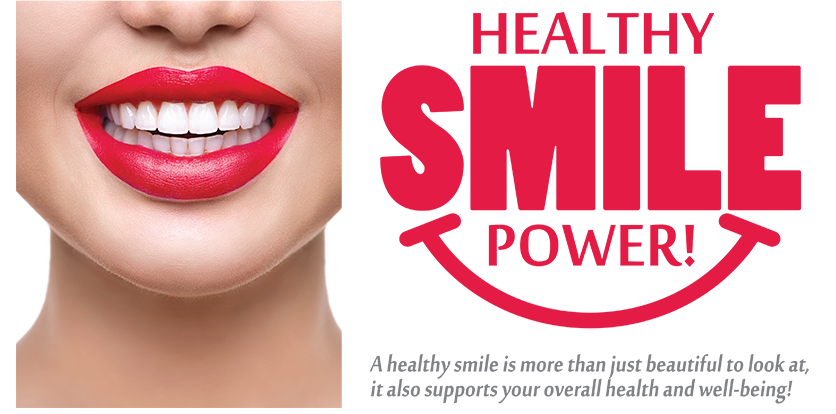 The image features a close-up of a person s face with bright red lipstick, and there is text overlaying the image that reads  HEALTHY SMILE POWER.